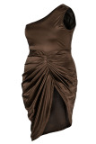 Brown Sexy Solid Patchwork Fold Asymmetrical Oblique Collar Irregular Dress Plus Size Dresses