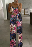 Blue Sexy Print Patchwork Pearl Spaghetti Strap Straight Jumpsuits