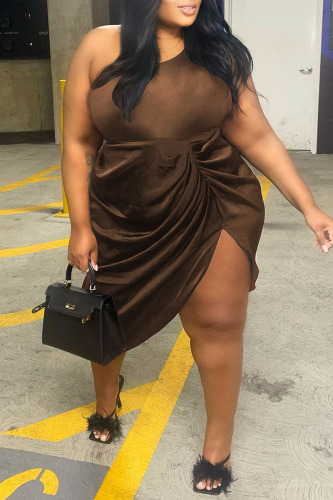 Brown Sexy Solid Patchwork Fold Asymmetrical Oblique Collar Irregular Dress Plus Size Dresses