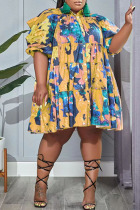 Yellow Casual Print Graffiti Patchwork Buckle Turndown Collar A Line Plus Size Dresses