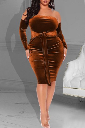 Brown Fashion Sexy Plus Size Solid Backless Off the Shoulder Long Dress