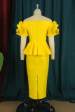 Yellow Fashion Sexy Patchwork Backless Off the Shoulder Evening Dress