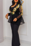 Black Fashion Casual Figure Gradual Change Patchwork Sequins See-through Turndown Collar Plus Size Three-piece Set