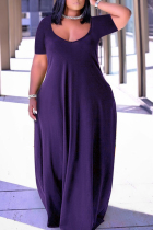 Purple Fashion Casual Plus Size Solid Patchwork V Neck Short Sleeve Dress