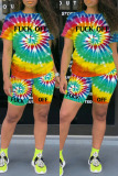 Red Fashion Casual Print Tie-dye O Neck Short Sleeve Two Pieces