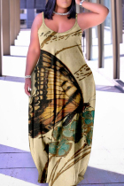 Apricot Sexy Casual Plus Size Butterfly Print Backless Spaghetti Strap Long Dress