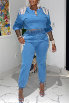 Sky Blue Fashion Casual Solid Tassel Patchwork V Neck Long Sleeve Two Pieces