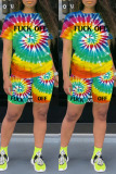 Red Fashion Casual Print Tie-dye O Neck Short Sleeve Two Pieces
