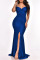 Colorful Blue Elegant Solid Patchwork Slit Fold V Neck Evening Dress Dresses