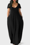 Black Fashion Casual Plus Size Solid Patchwork V Neck Short Sleeve Dress