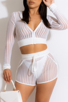 White Fashion Sexy Striped Patchwork See-through Zipper Collar Long Sleeve Two Pieces