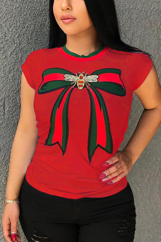 

Red Pretty Round Neck Bow Printed Blends T-shirt