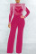 Rose Red Fashion Sexy Patchwork Tie Dye See-through Half A Turtleneck Regular Jumpsuits