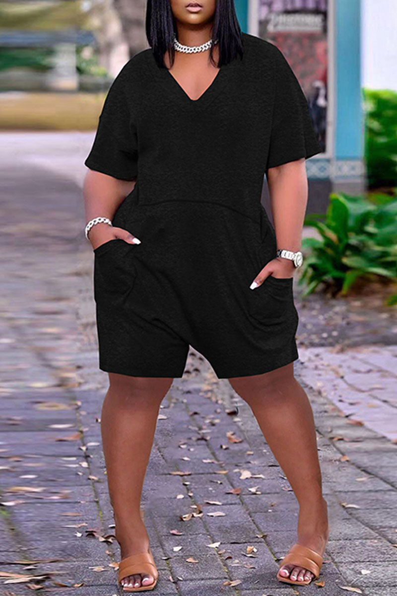 Casual Solid Pocket Buttons V Neck Regular Rompers