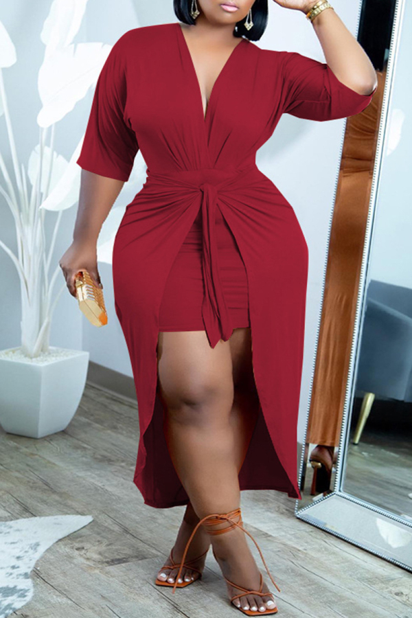 Burgundy Fashion Casual Solid Patchwork V Neck Short Sleeve Dress Plus Size Two Pieces