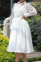 White Casual Elegant Solid Patchwork Buckle Turndown Collar Dresses