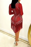 Red Fashion Sexy Patchwork Hot Drilling Tassel O Neck Long Sleeve Dresses