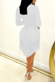 White Fashion Sexy Patchwork Hot Drilling Tassel O Neck Long Sleeve Dresses