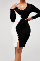 Black And White Sexy Solid Patchwork V Neck Pencil Skirt Dresses