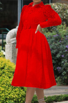 Red Casual Elegant Solid Patchwork Buckle Turndown Collar Dresses