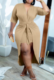 Khaki Fashion Casual Solid Patchwork V Neck Short Sleeve Dress Plus Size Two Pieces