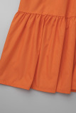 Tangerine Red Casual Solid Patchwork Buckle Turndown Collar A Line Plus Size Dresses