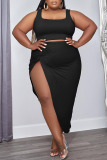 Black Sexy Solid Patchwork Slit Square Collar Plus Size Two Pieces