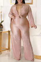Pink Sexy Solid Patchwork Turndown Collar Plus Size Three Pieces