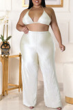White Sexy Solid Patchwork Turndown Collar Plus Size Three Pieces