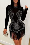 White Fashion Sexy Patchwork Hot Drilling Tassel O Neck Long Sleeve Dresses