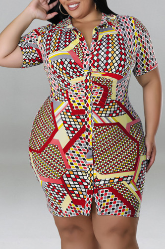 Red Casual Print Patchwork Buckle Turndown Collar Shirt Dress Plus Size Dresses