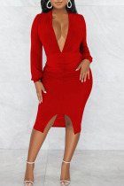 Red Sexy Solid Patchwork Slit V Neck Long Sleeve Dresses