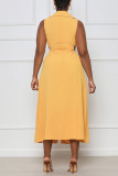 Yellow Sexy Solid Hollowed Out Patchwork V Neck A Line Dresses