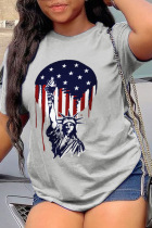 Grey Fashion Street Print American Flag Patchwork O Neck T-Shirts