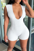 White Sexy Solid Patchwork V Neck Regular Jumpsuits