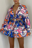 Blue Fashion Sexy Print Patchwork Turndown Collar Long Sleeve Two Pieces