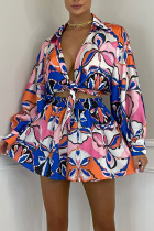 Blue Fashion Sexy Print Patchwork Turndown Collar Long Sleeve Two Pieces