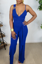Blue Fashion Solid Patchwork Spaghetti Strap Straight Jumpsuits