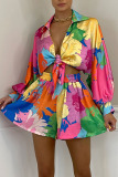 Pink Fashion Sexy Print Patchwork Turndown Collar Long Sleeve Two Pieces