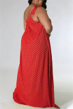 Red Fashion Sexy Plus Size Print Bandage Backless Oblique Collar Sleeveless Dress