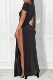 Black Sexy Solid Bandage Hollowed Out Patchwork Slit O Neck Straight Dresses