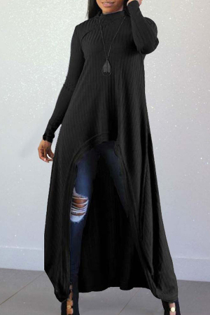 Black Casual Long Sleeves O neck A-Line Ankle-Length asymmetrical 