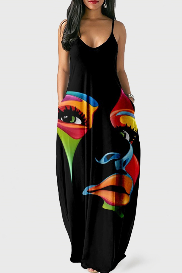 Colour Sexy Graphic Print Floor Length Backless Sleeveless African Style Loose Cami Maxi Dress