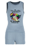 Grey Casual Print Patchwork O Neck Sleeveless Two Pieces