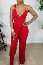 Red Fashion Solid Patchwork Spaghetti Strap Straight Jumpsuits