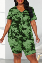 Green Fashion Casual Print Tie-dye V Neck Plus Size Two Pieces