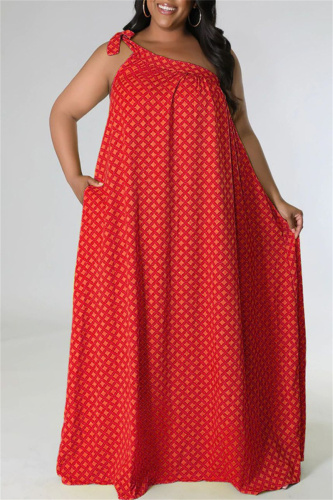 Red Fashion Sexy Plus Size Print Bandage Backless Oblique Collar Sleeveless Dress