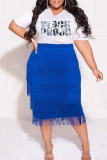 Blue Casual Print Tassel Patchwork O Neck Plus Size Two Pieces