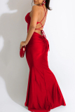 Red Fashion Sexy Solid Bandage Backless Spaghetti Strap Long Dress