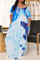 Sky Blue Fashion Casual Plus Size Print Tie Dye Patchwork Slit V Neck Short Sleeve Dress